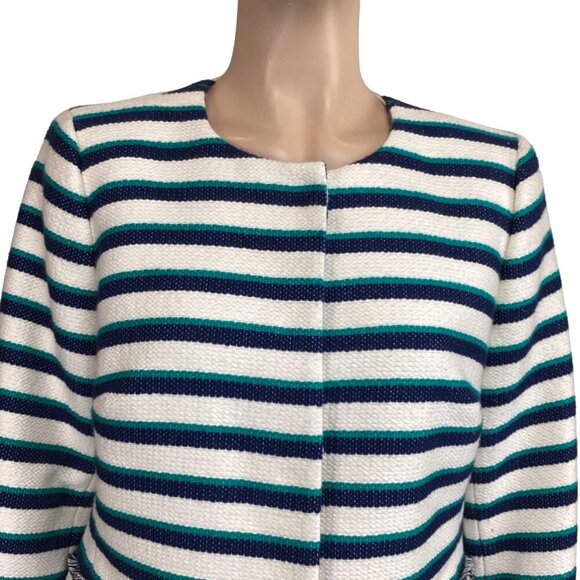 Talbots Striped Fringe Trim Jacket Size 6 Long Sleeve Blue & White Coat - Picture 7 of 7